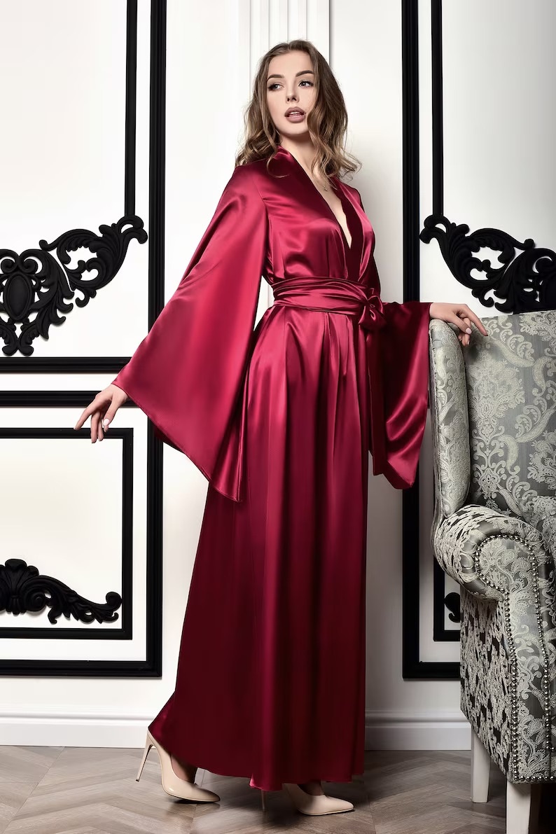 Kimono long Satin de Soie Bordeaux
