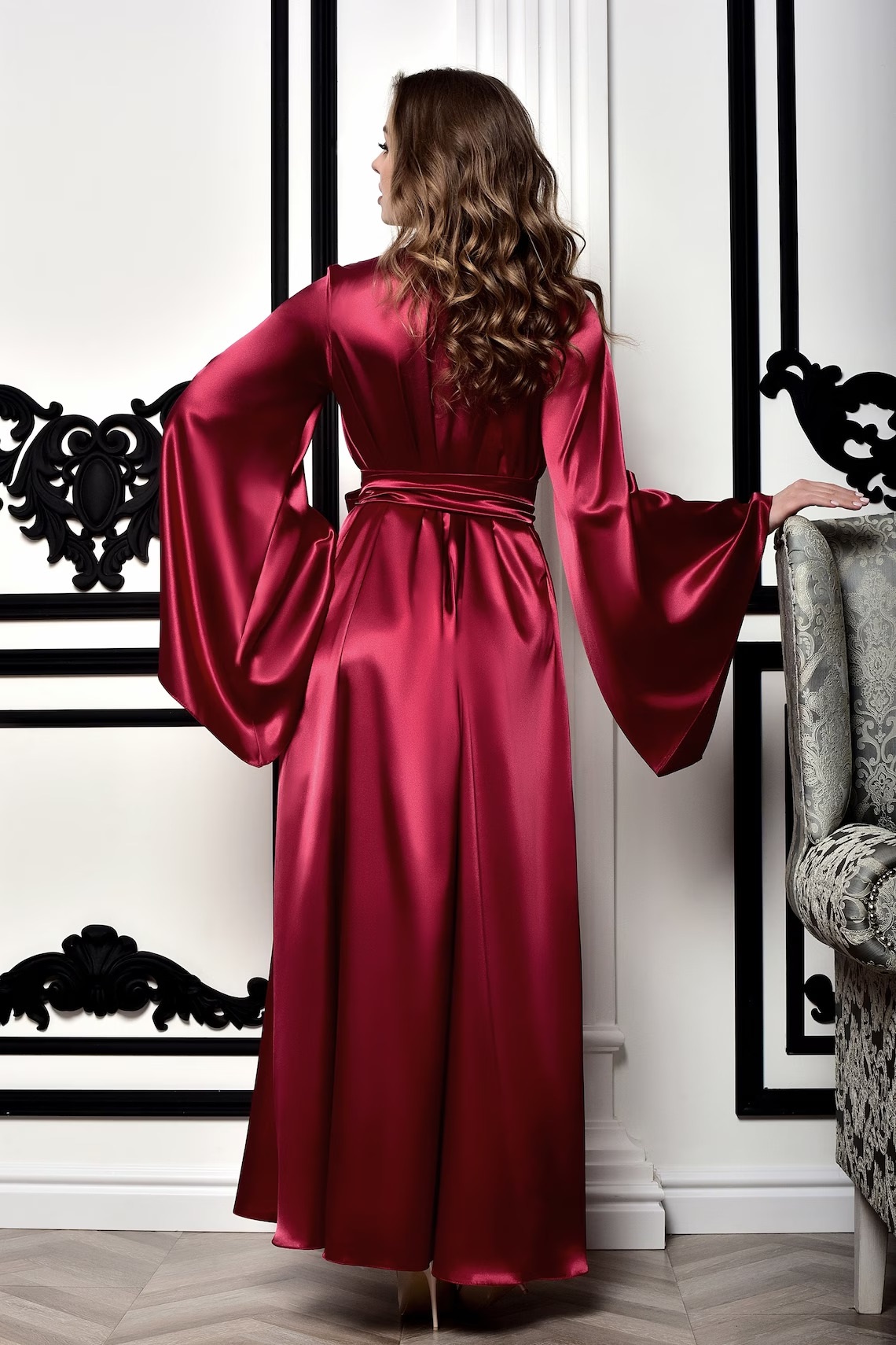 Kimono long Satin de Soie Bordeaux